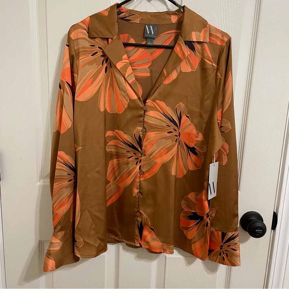 Worthington Button-Up Copper & Orange Floral Long Sleeved Blouse Large